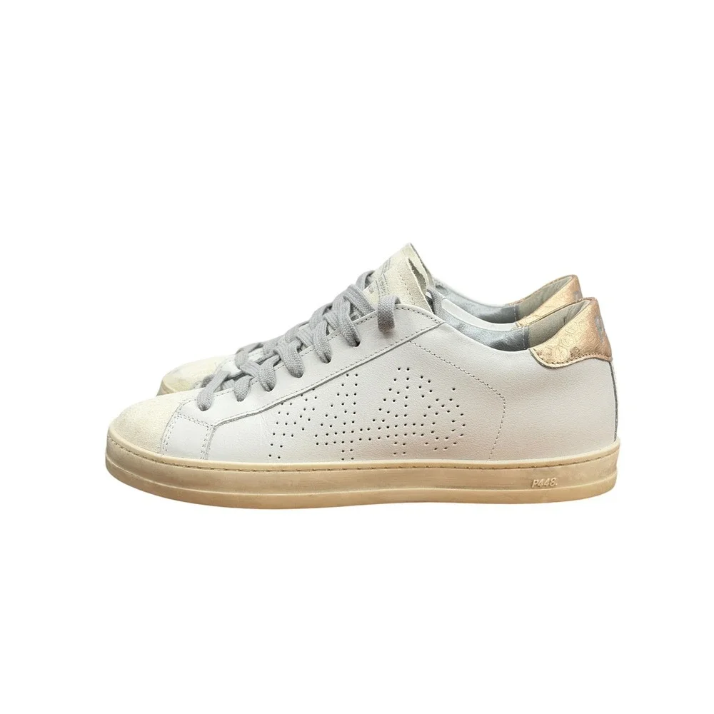 P448 John Sneakers Womens SZ 37 White Gold Low Top Leather Italian Athleisure